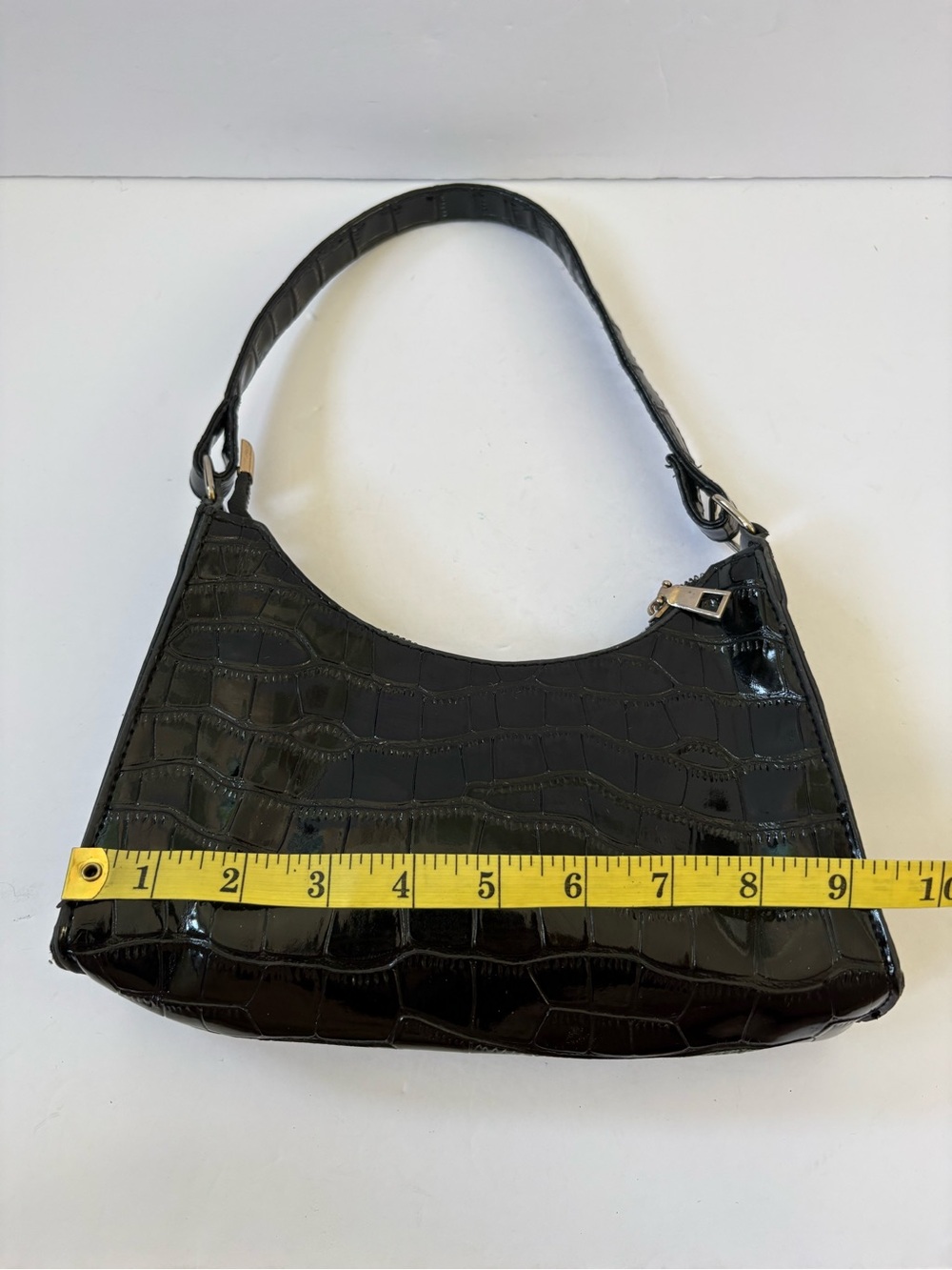 Black Faux Patent Crocodile Embossed Leather Baguette Bag Purse Baddie Party - Picture 5 of 8